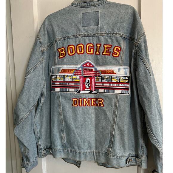 Vintage 90s Levi's Denim Jacket BOOGIES DINER ASPEN EAT HEAVY DRESS COOL, XL - Picture 1 of 12